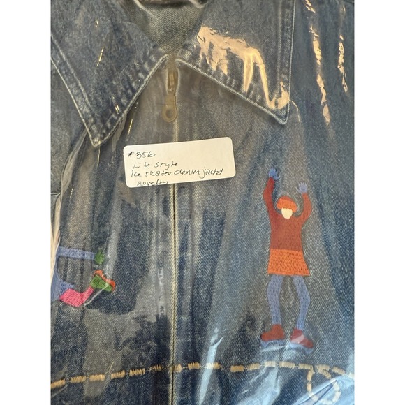 Embroidered Novelty Shacket Ice Skaters Denim Jacket Winter whimsical Teacher M - Picture 9 of 9